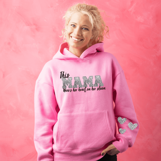 This Mama Wears Her Heart On Her Sleeve Faux Glitter