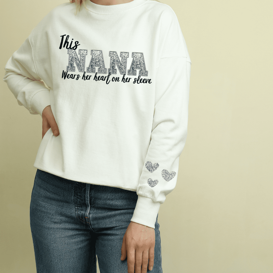 This Nana Wears Her Heart On Her Sleeve Faux Glitter