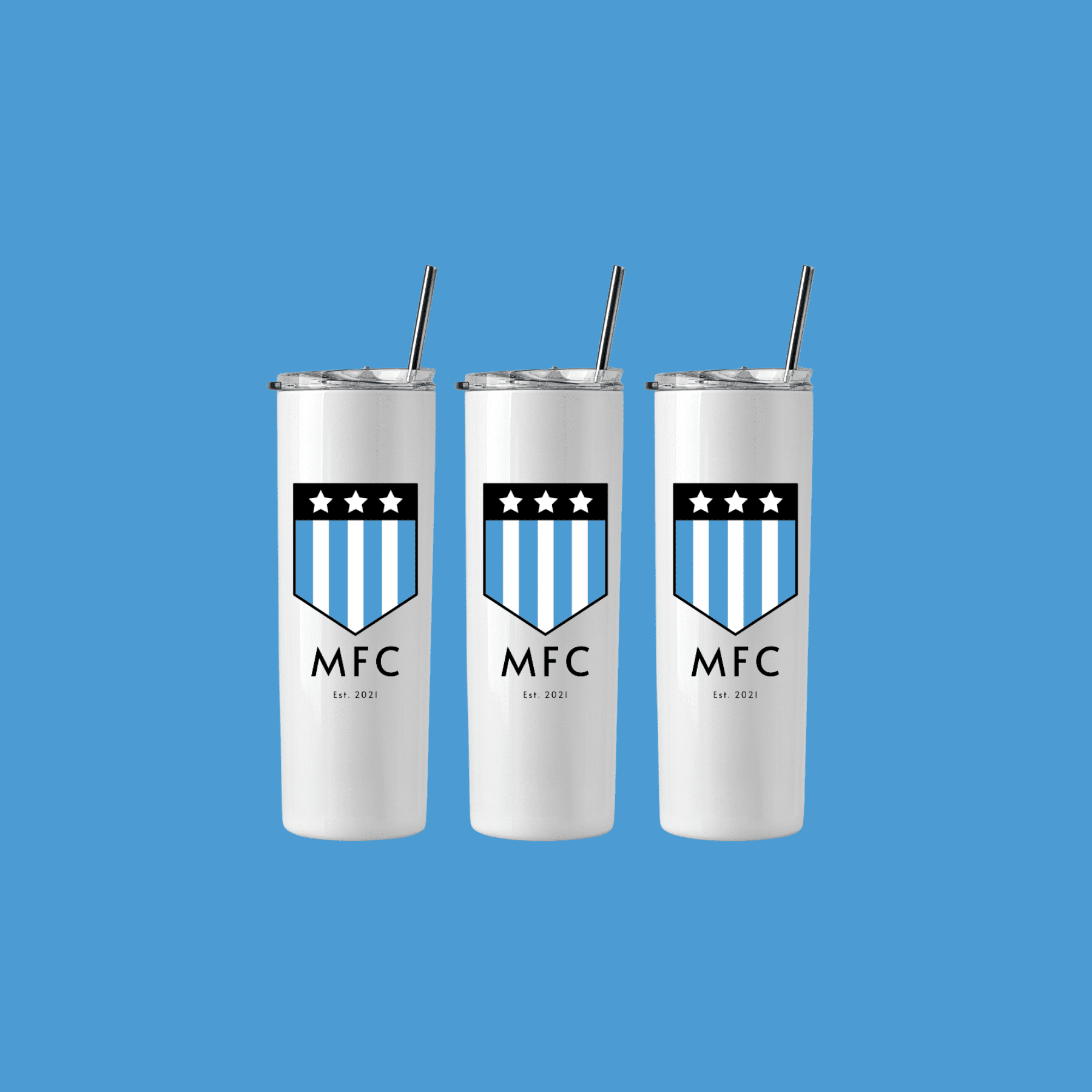 Image shows a shite skinny tumbler with MFC's logo