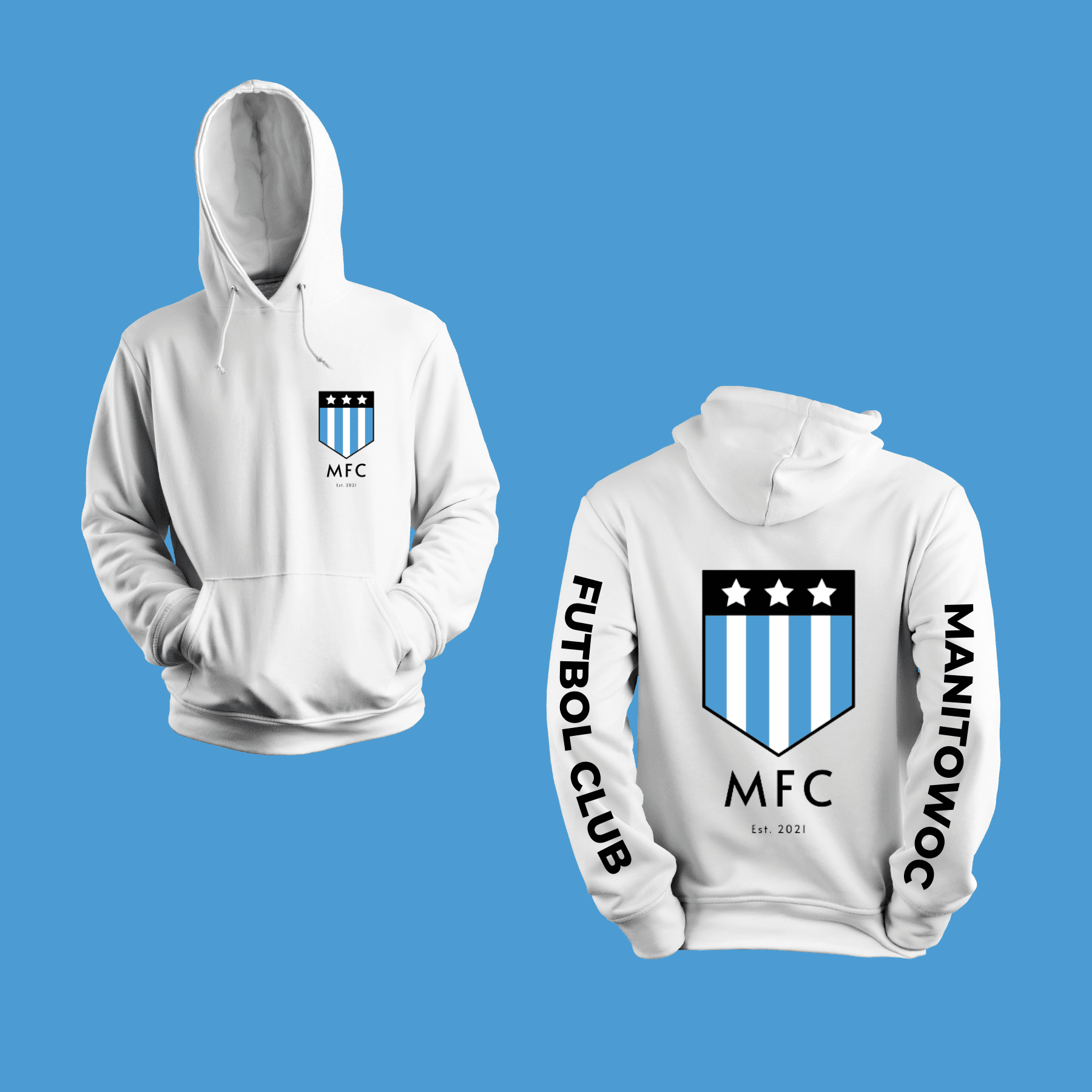 Image shows a white hoodie for the Manitowoc Futbol Club