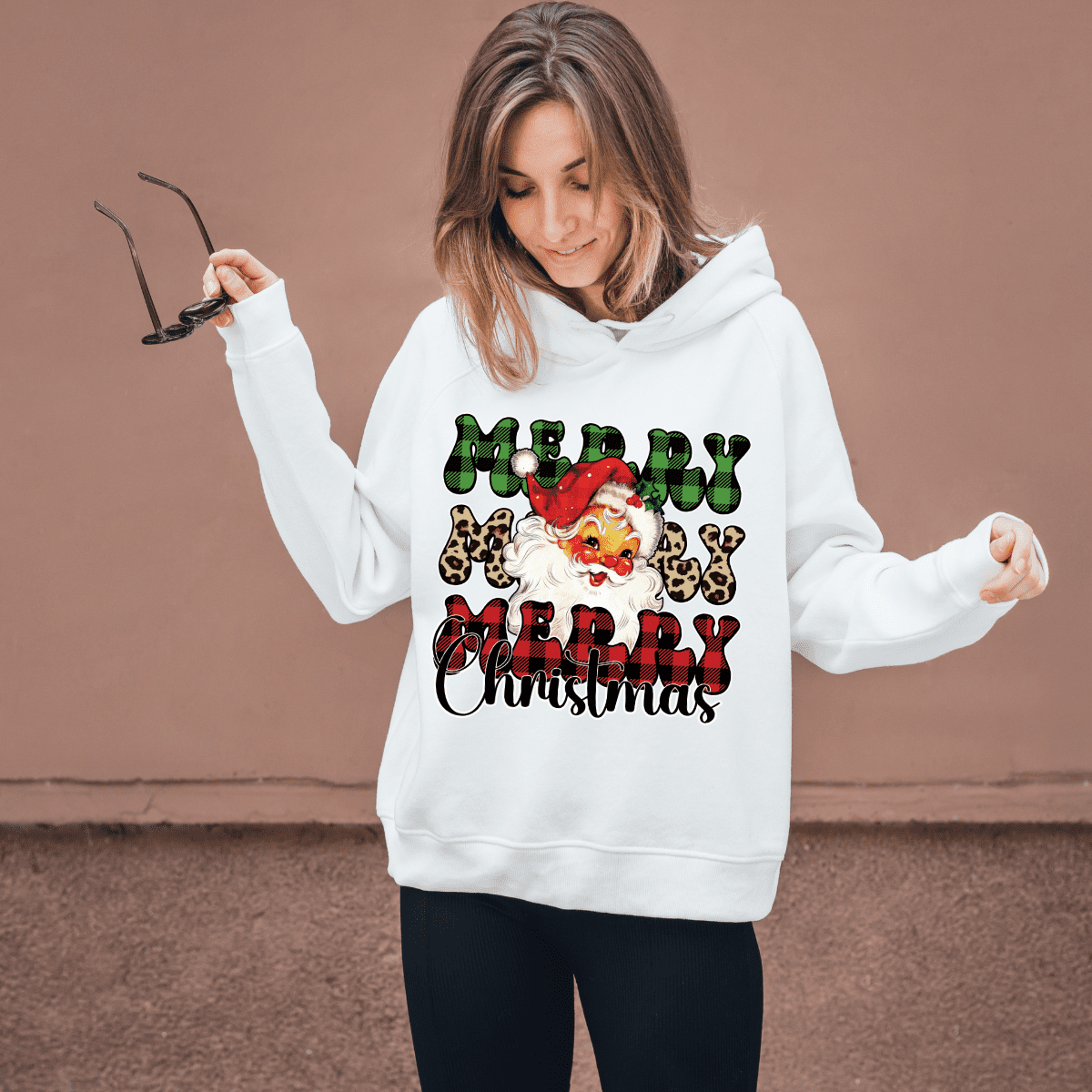Image shows a t shirt transfer that says merry merry merry Christmas with Santa
