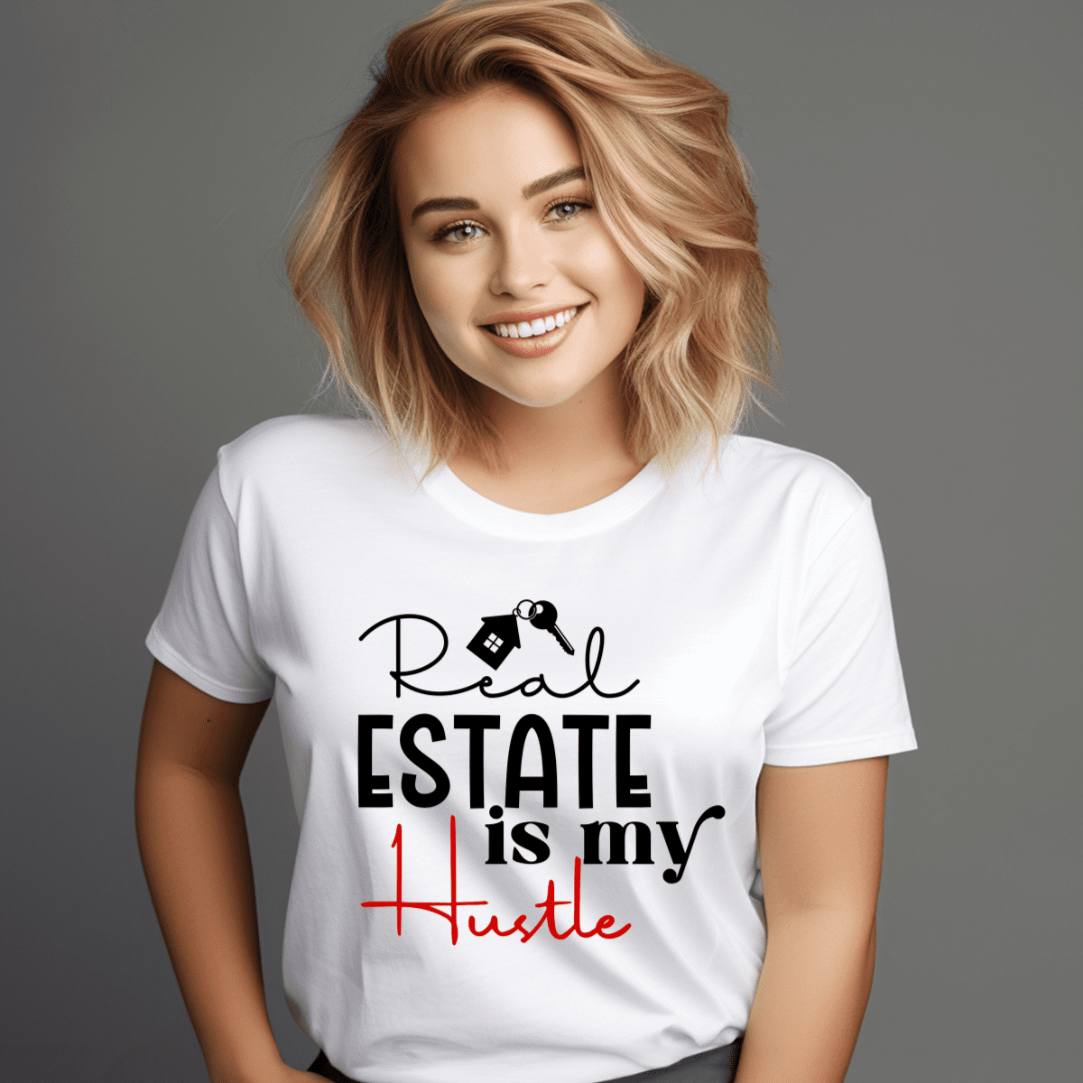 Image shows a t shirt transfer that says Real Estate is my hustle